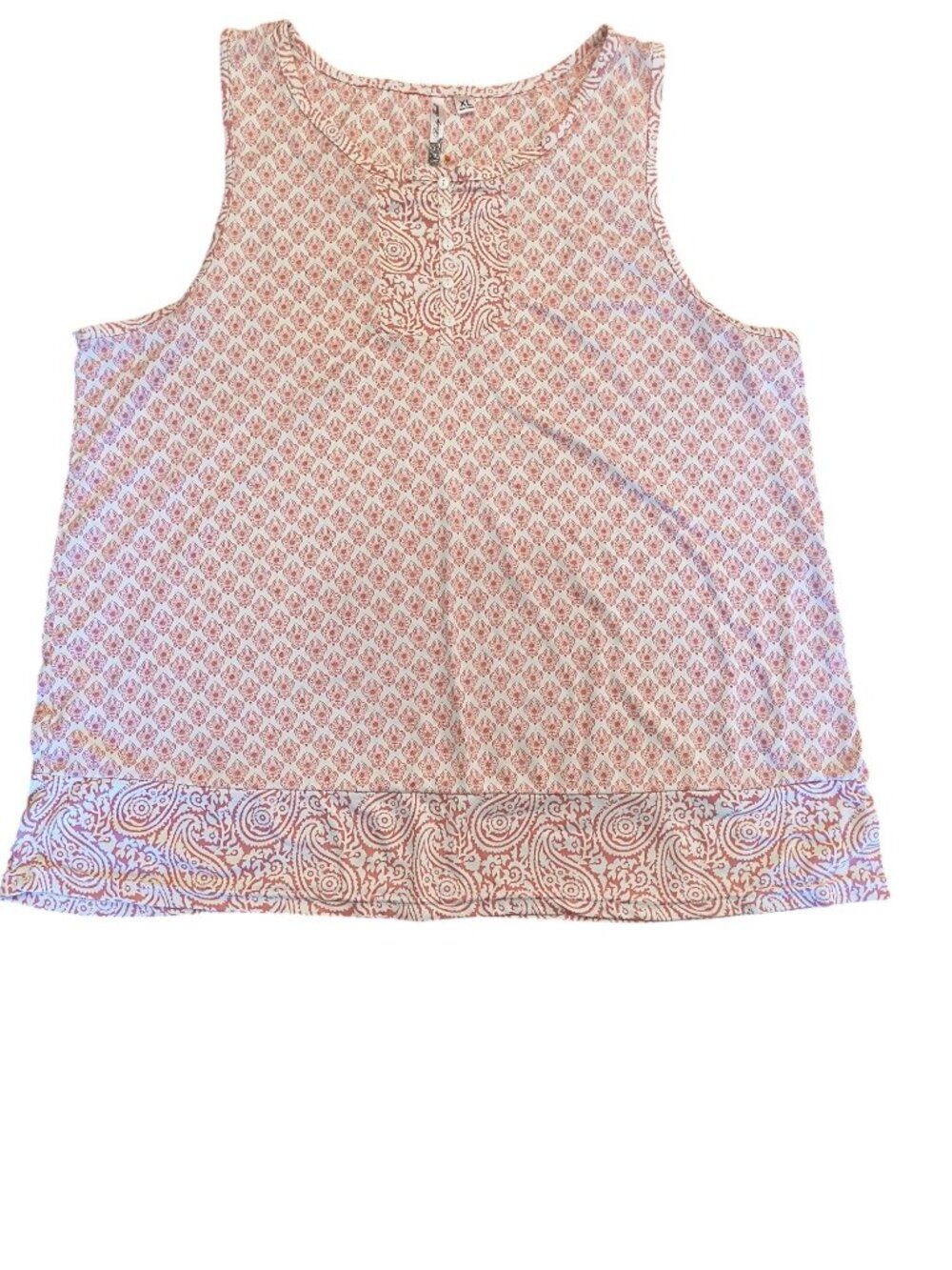 Soft Boho-Inspired Sleeveless Top With Button Placket Paisley & Floral Print XL